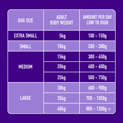 Raw Salmon & Turkey 1.4kg: Grain-free dog food feeding chart for all sizes, from extra small to large dogs.