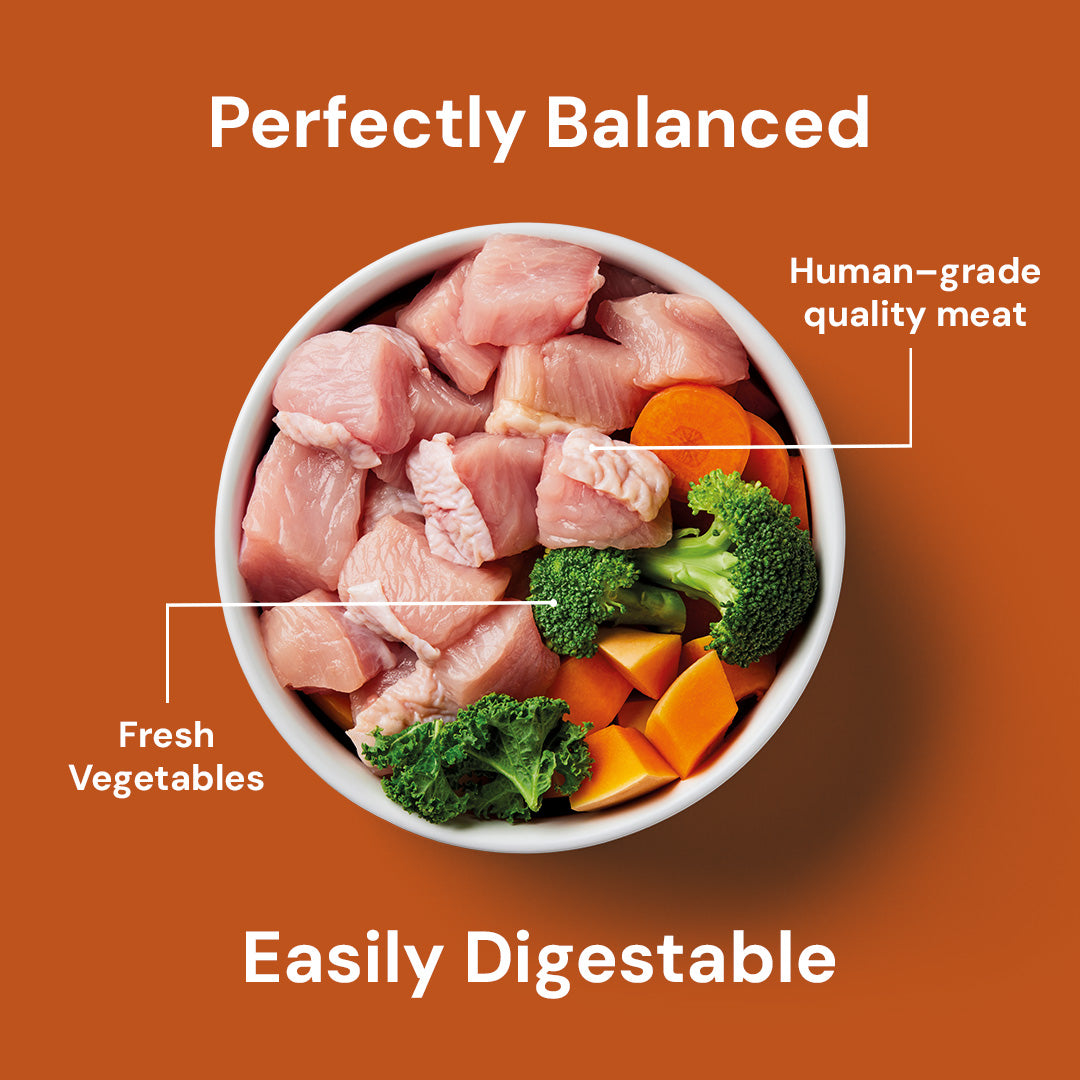 A bowl with Raw Turkey 1.4kg for dogs, broccoli, and carrots, labeled perfectly balanced and easy to digest.