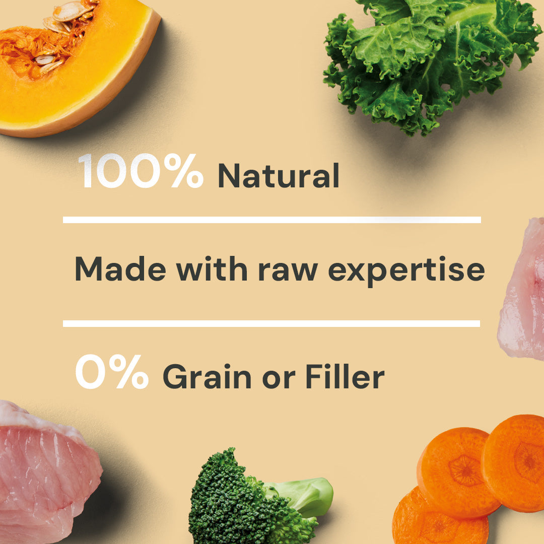 Raw Turkey 1.4kg: 100% Natural, made with raw expertise. Contains vegetables and fresh meat, 0% grain or filler.