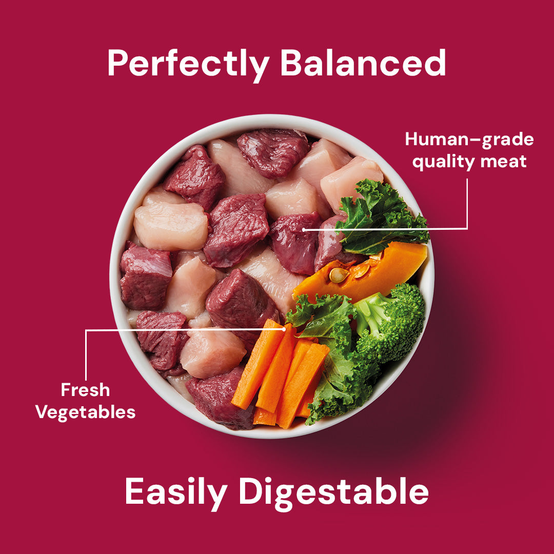 A bowl of diced meat and veggies, labeled "Raw Venison & Chicken 500g, Grain-Free, Fresh Vegetables, Human-grade.