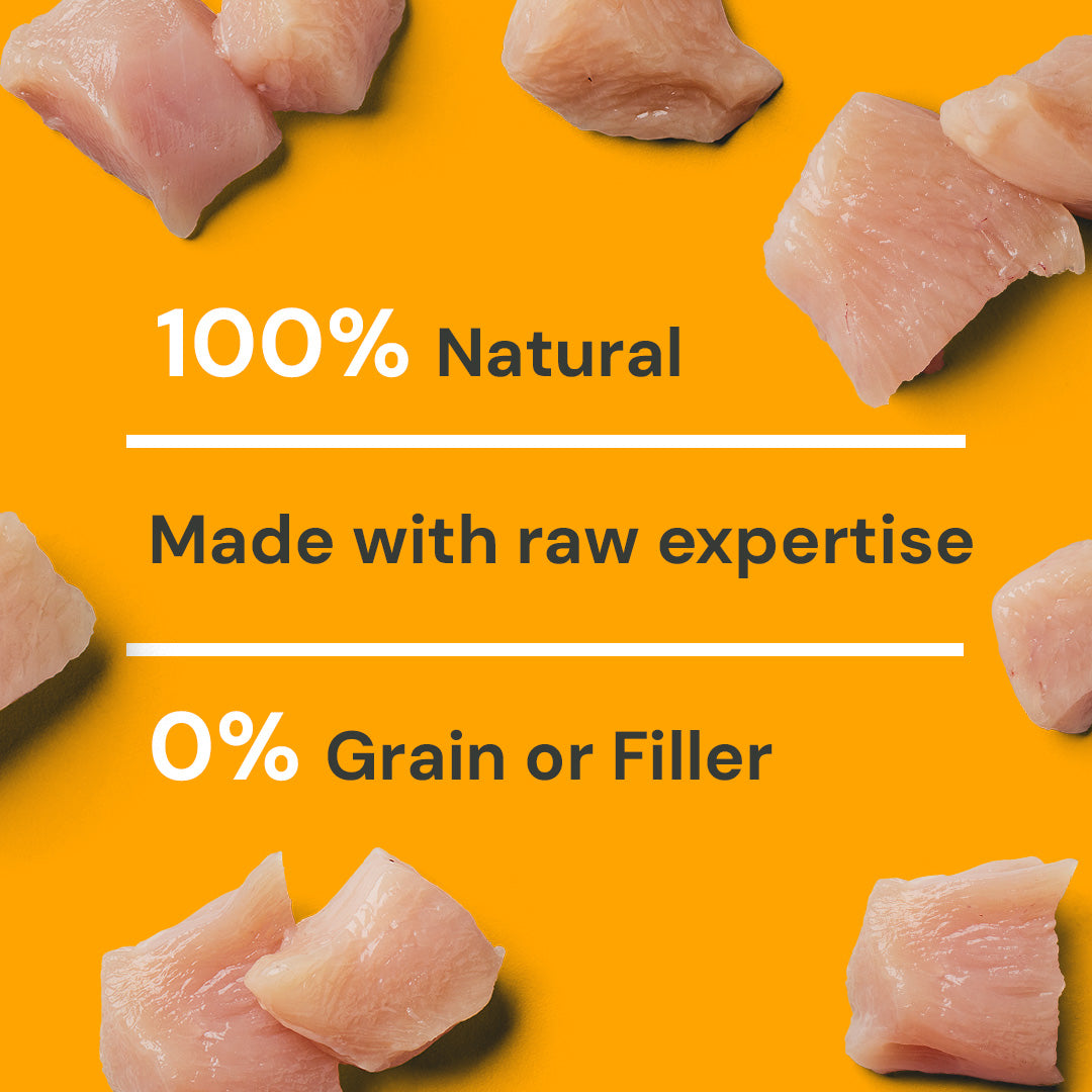 Chicken pieces on orange: "5kg Cat Starter Box, 100% Natural, Complete Formulas, 0% Grain or Filler.