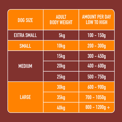 Dog feeding chart with complete formulas: For extra small to large dogs, includes body weight and daily grams.