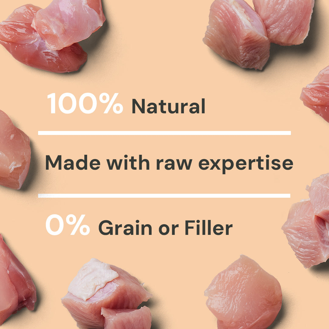 Chunks of rabbit meat and turkey: "100% Natural, Made with raw expertise, 0% Grain or Filler.