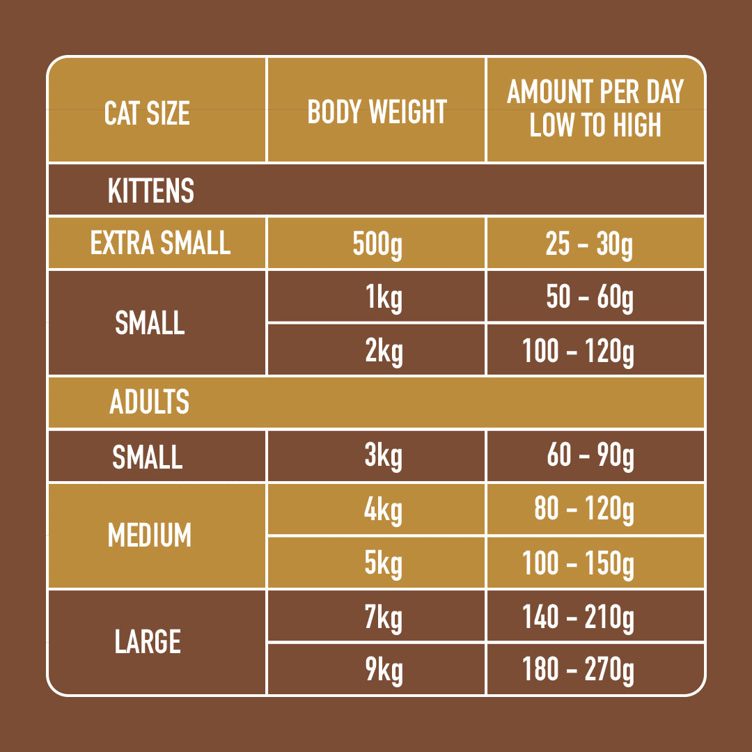 Chart with Cat Rabbit & Turkey Dinner 175g feeding guide by size and weight for kittens and adults.