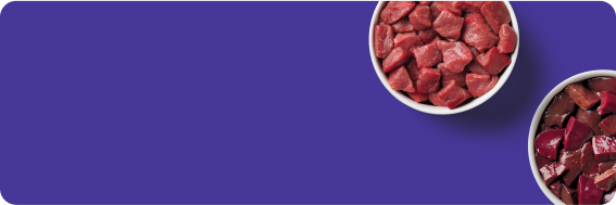 Two bowls with raw diced red meat and liver against a solid purple background.