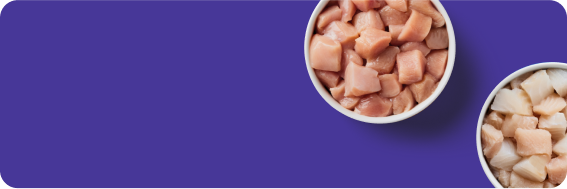 Two bowls of diced chicken on a purple background, one with darker cubes, the other with lighter cubes.