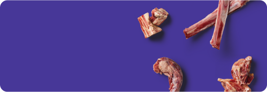 Raw meat bones scattered on a purple background.