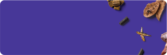 Purple background with various pet treats scattered on the right side.