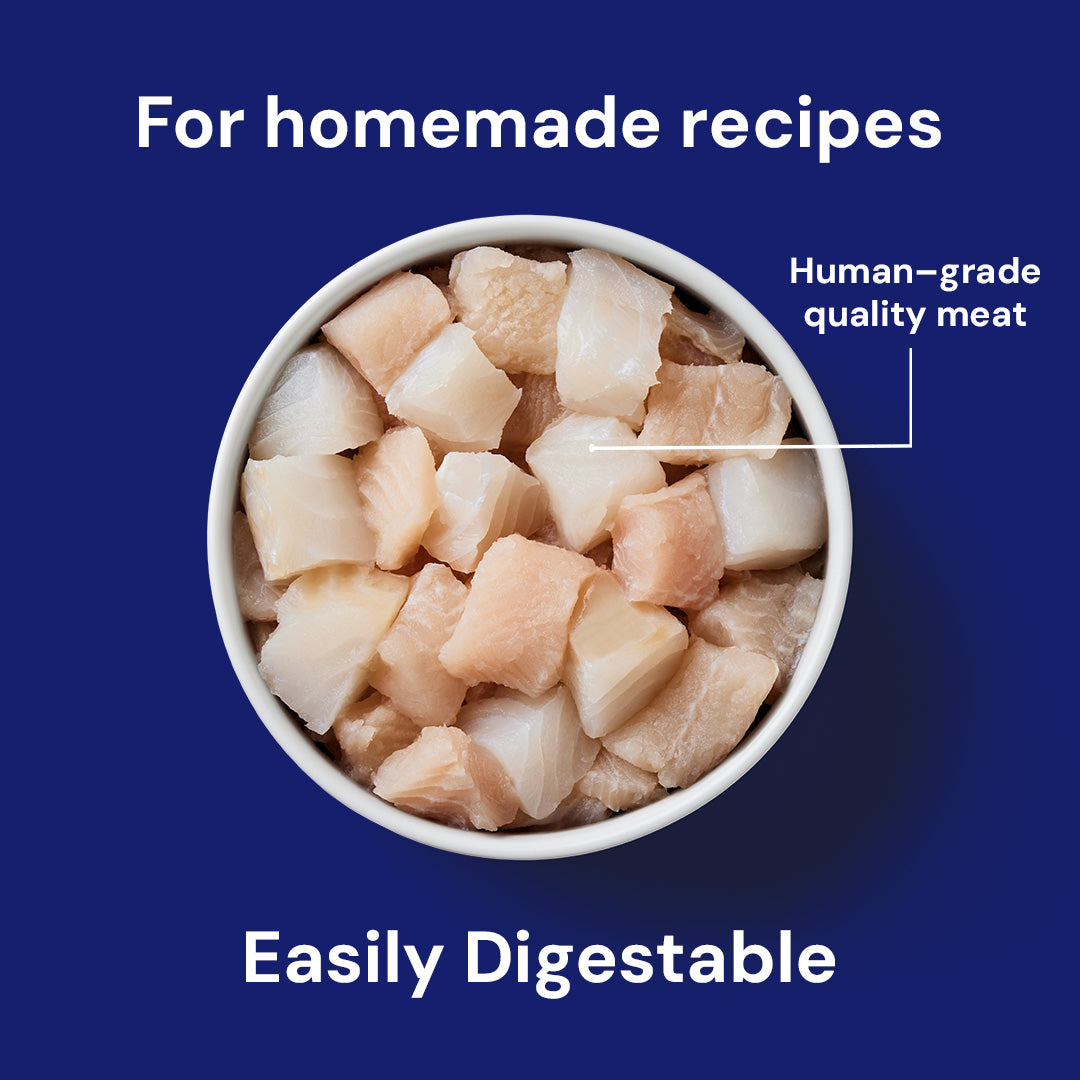 A bowl of Just Raw Fish 500g, human-grade meat for dog food recipes, on a blue background.