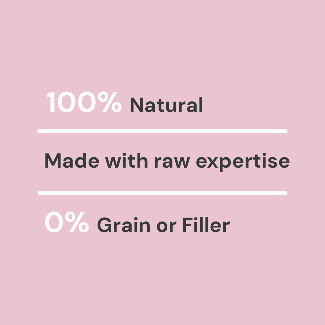 Text on pink background: "Just Raw Offal 500g, 100% Natural, Grain & Filler Free, nutrient-dense beef offal.