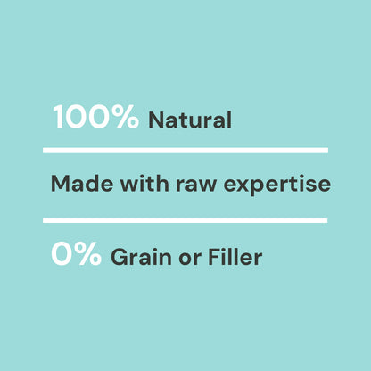 Just Raw Tripe 500g: Turquoise background, white text: "100% Natural, No Grain/Filler, Includes Green Tripe.