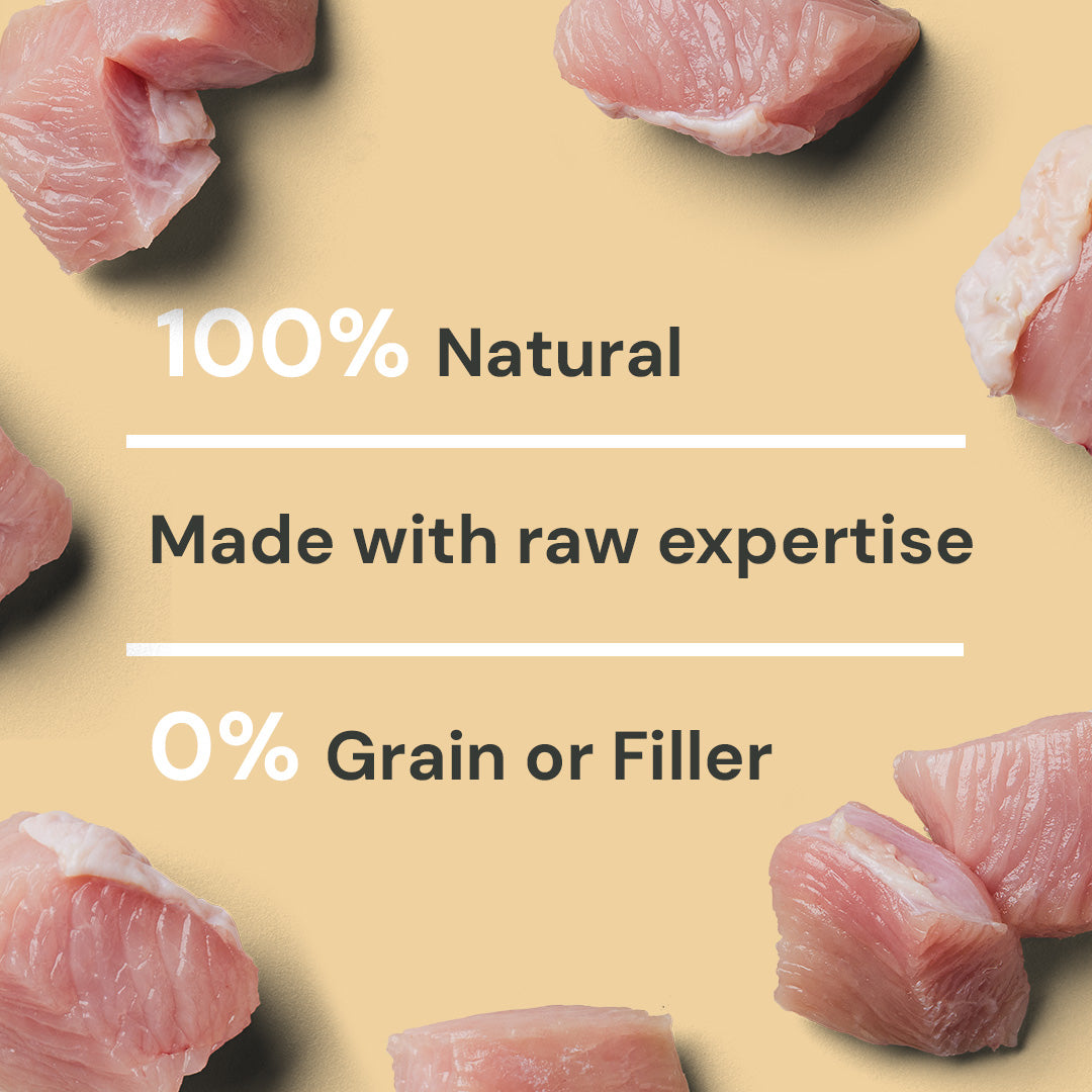 Just Raw Turkey 500g: 100% Natural turkey meat, Made for dogs, No grain or filler. Beige background with turkey chunks.