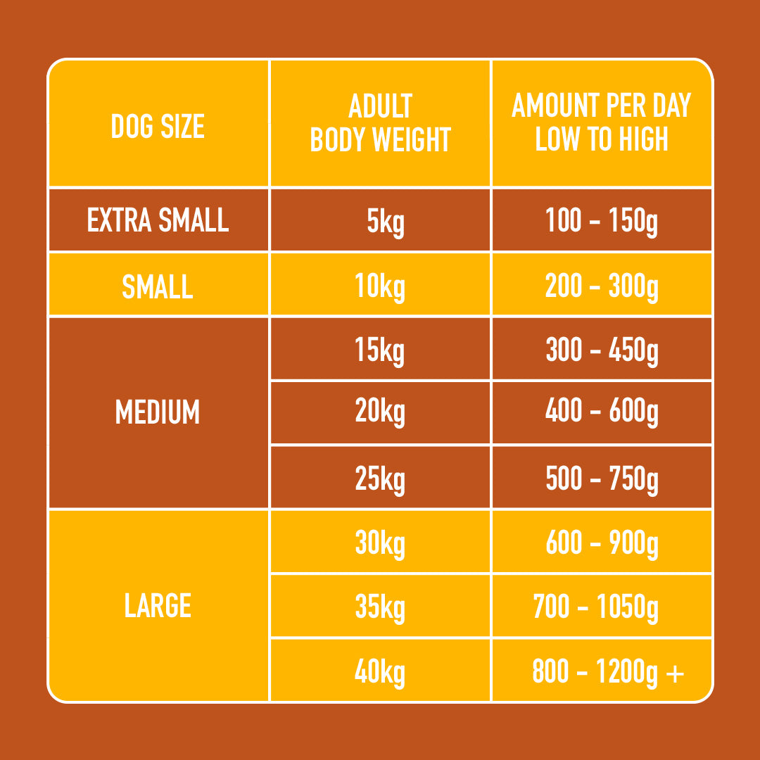 Table for Just Raw Turkey 500g: dog food size varies from extra small to large, weighing 100-1200g.