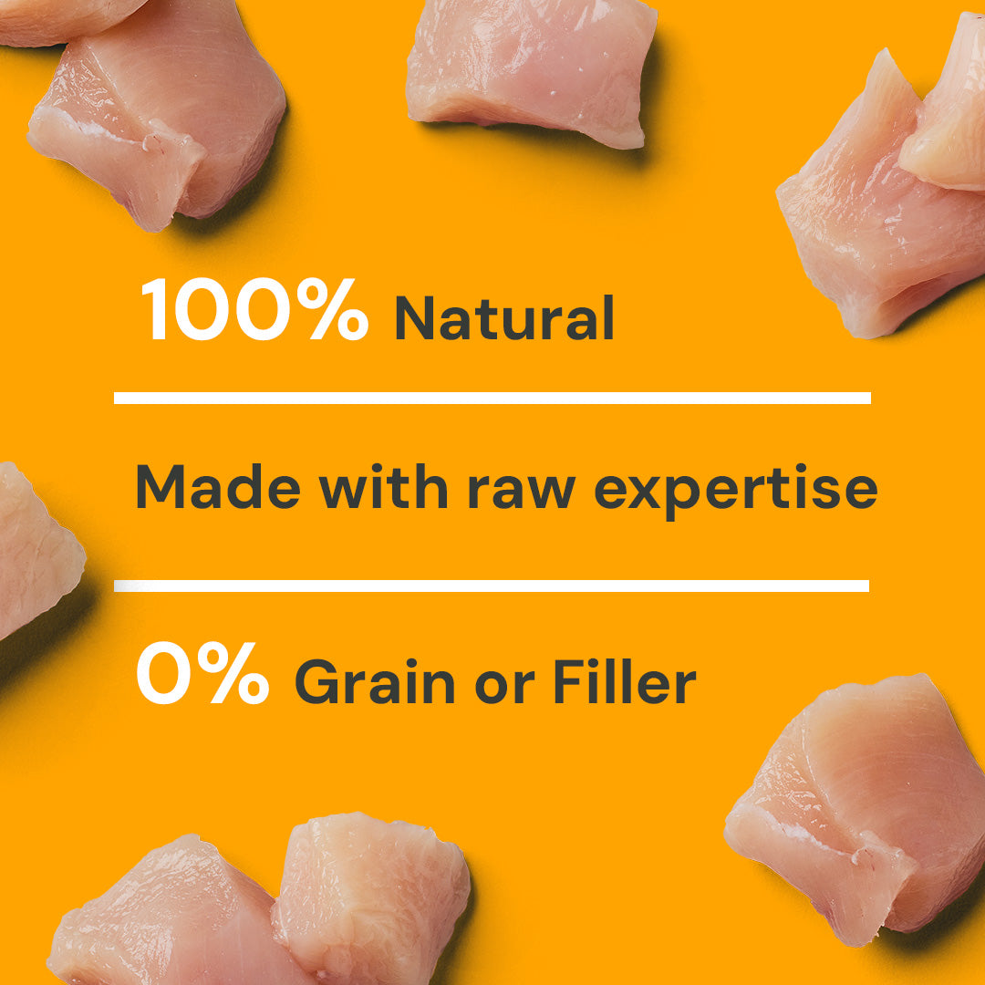 Just Raw Chicken 500g on orange background: "Premium protein, Expertly made, 0% Grain or Filler.