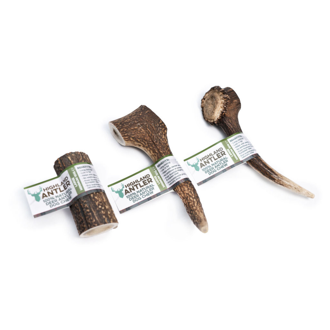 Three Antler Bar (Large) chews, natural toothbrushes, vary in size and shape on a white background.