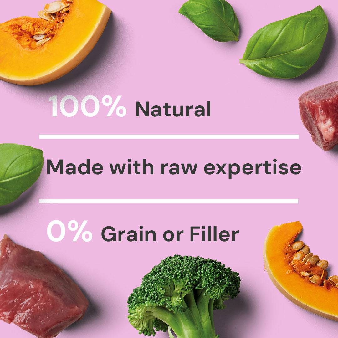 Liver Support 500g: Pumpkin, white fish, broccoli, meat on pink. "100% Natural, 0% Grain or Filler.