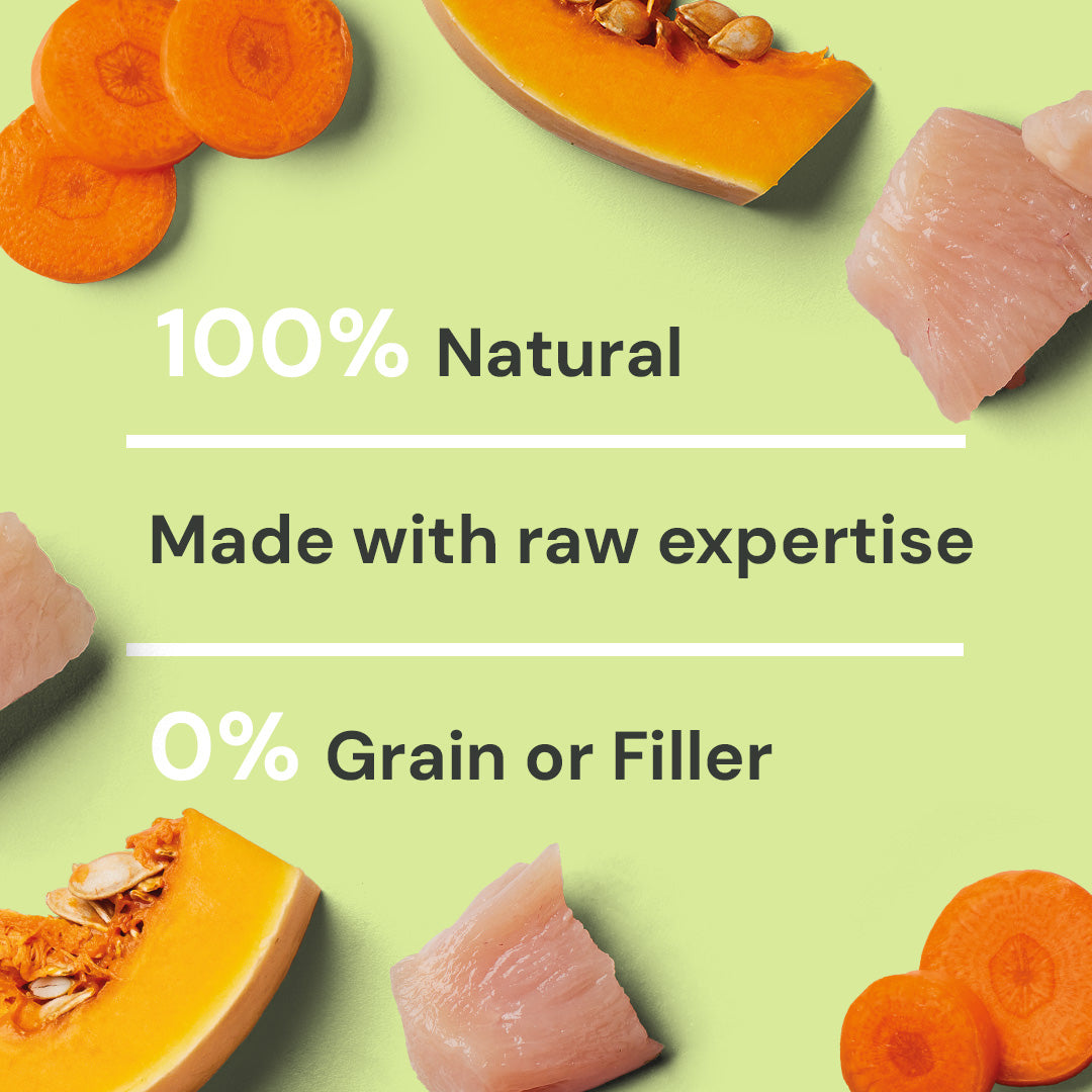 Low Purine & Phosphorus Support: 100% natural, with carrots, pumpkin, raw meat; grain-free and species-appropriate.