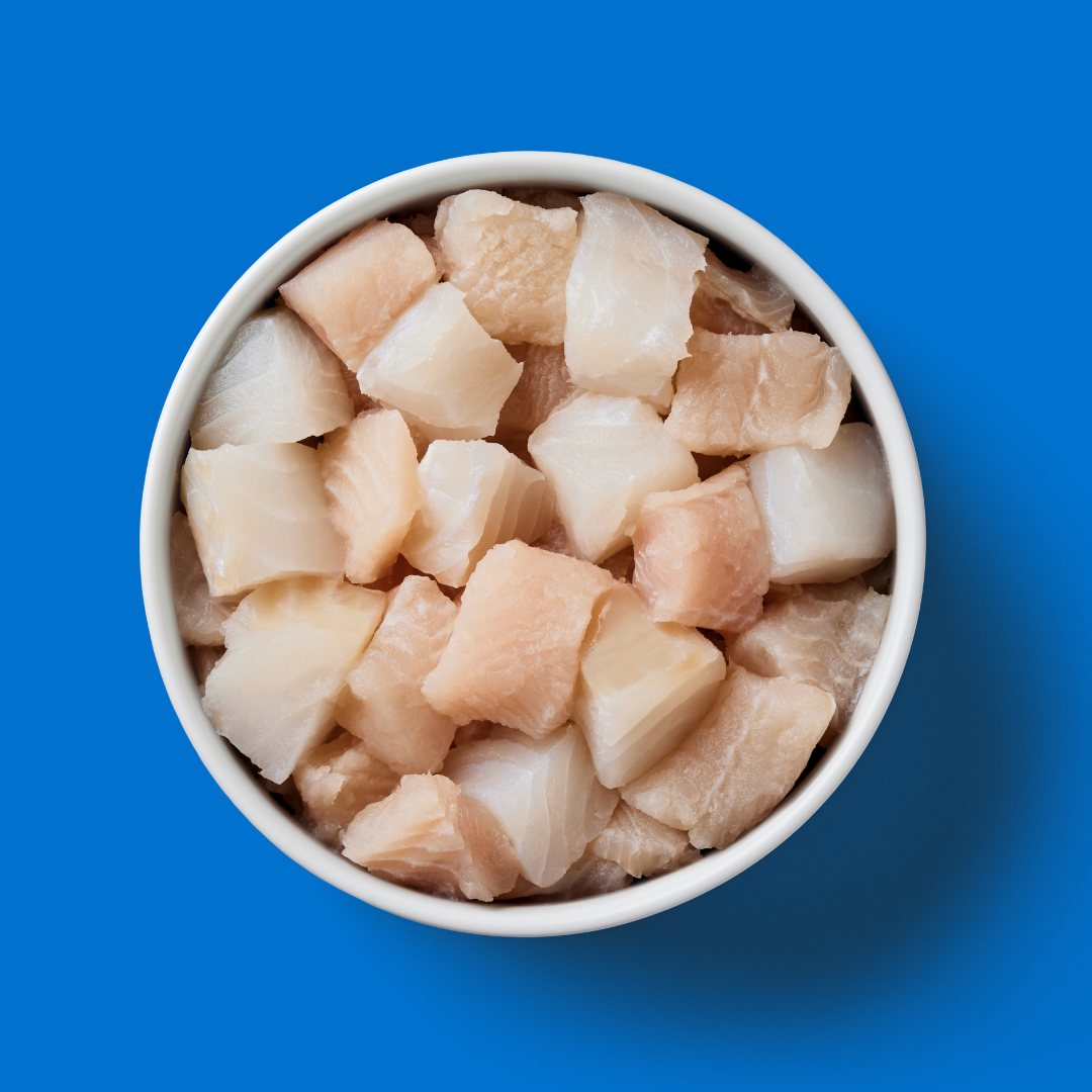 A bowl of Just Raw Fish 500g, Omega 3-rich white fish cubes, on a blue background.