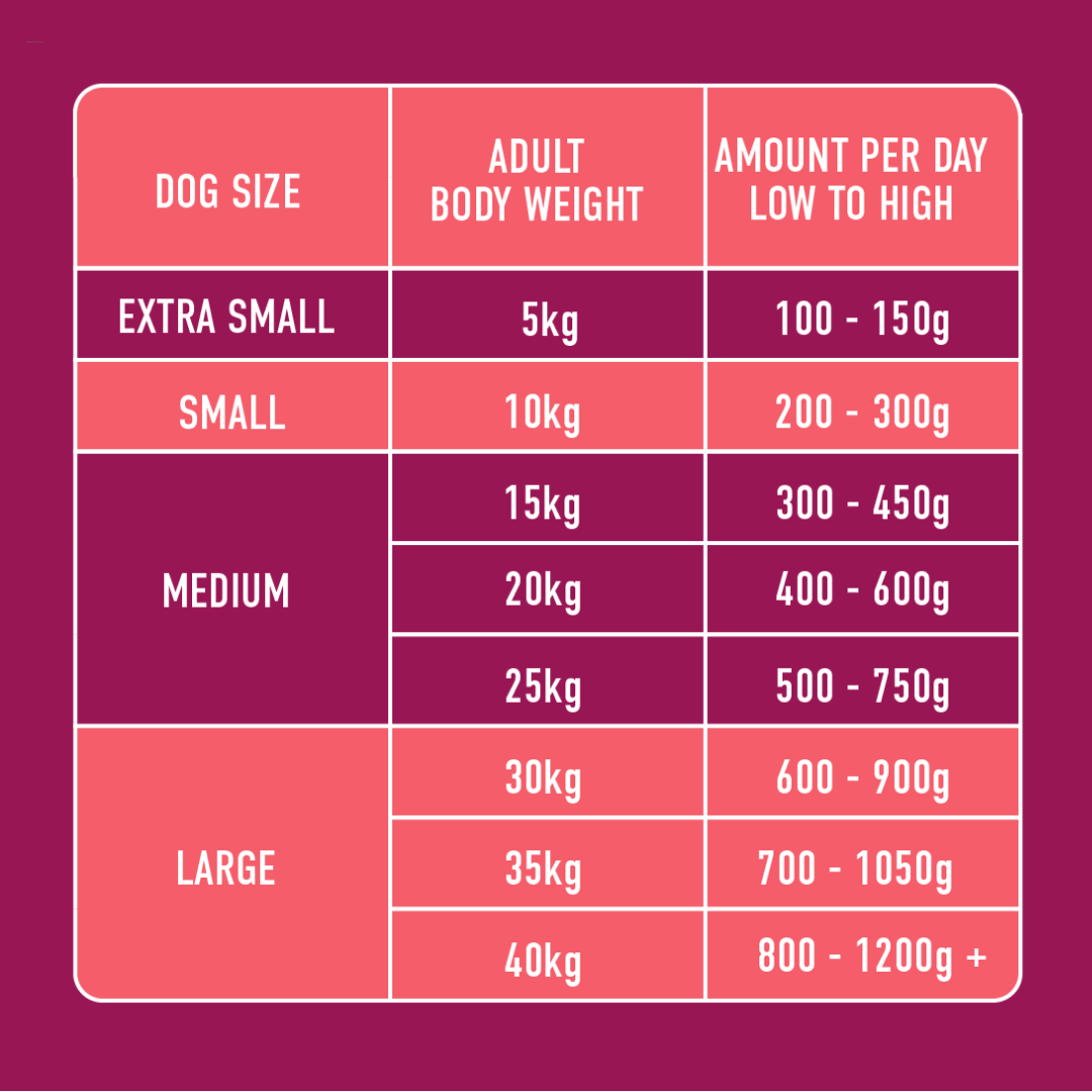 Dog feeding chart with size, weight, daily food ranges; Fresh Meat options like Raw Venison & Turkey 500g available.