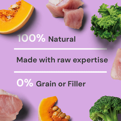 Raw ingredients on purple; "Sensitive Support 500g - 100% Natural, Species-appropriate diet, 0% Grain or Filler.