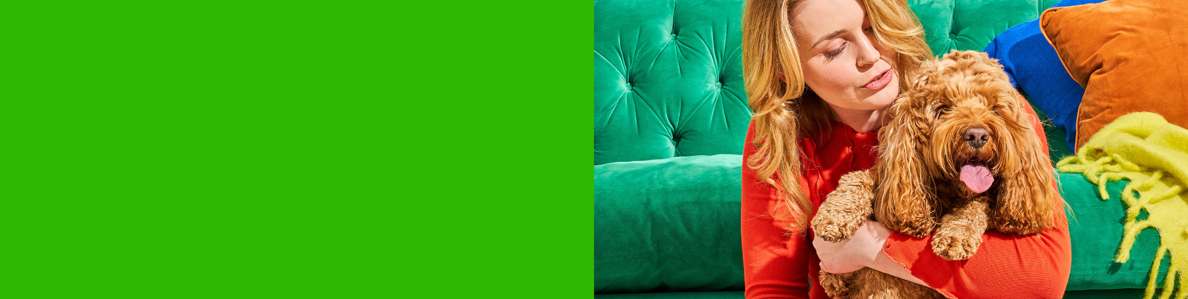 Nutriment trust your gut study into the microbiome banner with a woman holding a golden cockapoo on her lap in front of a green velvet sofa.