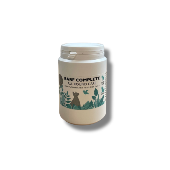 Leo & Wolf BARF Complete for Cats 100g container with cat, plant, and taurine-rich Omega-3 fish meal illustrations.