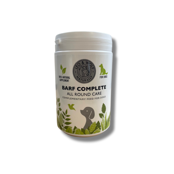 Leo & Wolf BARF Complete for Dogs 500g, raw feeding additive featuring a green leaf design and dog silhouette on label.