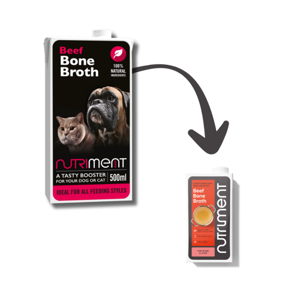 Beef Bone Broth 500ml carton for pets, promotes gut health with cat and dog images beside a smaller package.