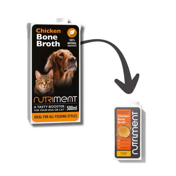 Chicken Bone Broth 500ml for gut health in pets, with an arrow pointing to a smaller bottle.