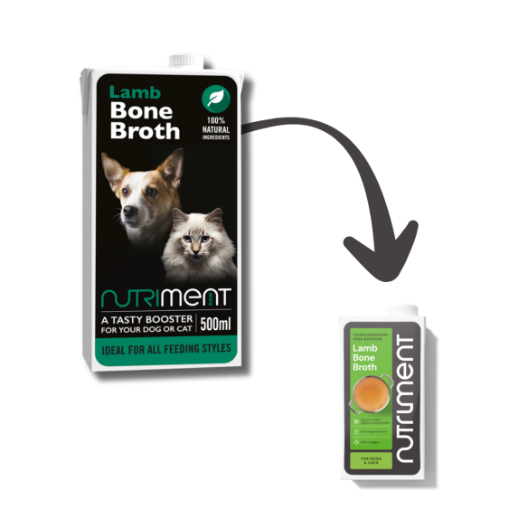 Lamb Bone Broth 500ml: Boosts joint health for all pets, featuring dog and cat images, suits every feeding style.