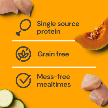 Orange background with sliced chicken, zucchini, pumpkin. Text: Raw Chicken Nuggets 1kg - Single source protein, grain-free.