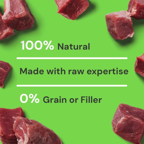 Cat Raw Lamb 500g on a green background: "100% Natural, Expertly Made, 0% Grain or Filler.