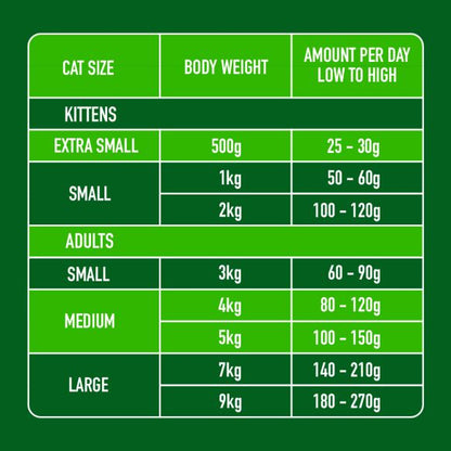 Green chart on cat size, weight, and lamb recipe for kittens and adults, XS to large sizes. Product: Cat Raw Lamb 500g.