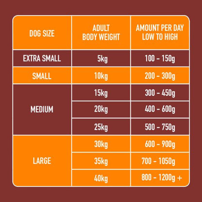 Dog feeding guide: sizes XS to L, features Raw Chicken 1kg & daily amounts in grams.