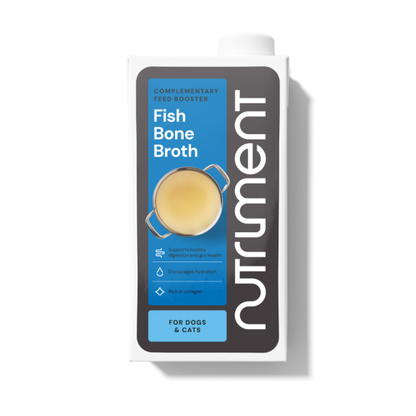 Fish Bone Broth 500ml boosts healthy digestion for dogs and cats, with benefits on the blue label.