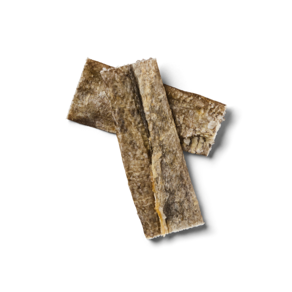 Two Fish Flatties (100g) of brown rectangular fish skins for pets on a white background.