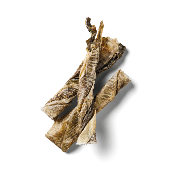 Three crumpled Fish Twists resembling white fish skins on a white background.