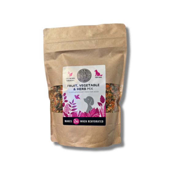 Brown paper bag of Leo & Wolf Fruit, Vegetable & Herb Mix 800g for dogs, featuring a colorful front label.