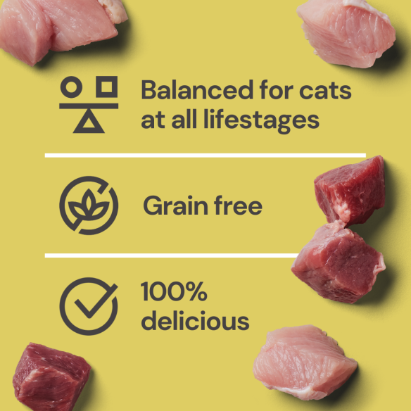 Text on yellow background: "Balanced, grain-free, 100% delicious for cats at all stages" with Cat Gently Steamed Turkey & Lamb.