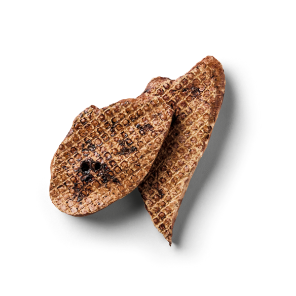 Lamb Puffs 100g: Two waffle-like brown, crispy treats, resembling low fat dog snacks, on a white background.