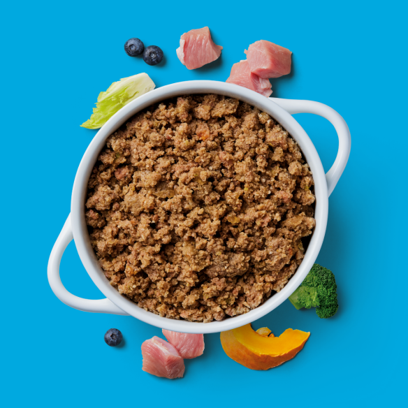 Puppy Gently Steamed Turkey 395g showcases cooked minced meat, fresh veggies, and blueberries on a blue backdrop.