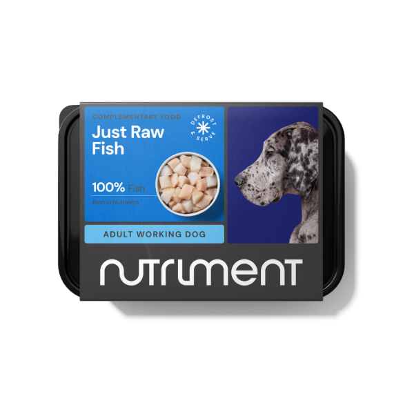 Nutriment's "Just Raw Fish" 500g raw dog food with white fish chunks and Omega 3 for healthy dogs.