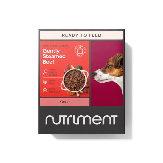 Nutriment" dog food displays a dog and "Gently Steamed Beef 395g" for raw pet nutrition.