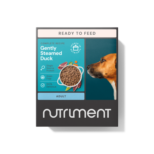 Gently Steamed Duck 395g" dog food package with a dog's face on the right, highlighting raw nutrition.