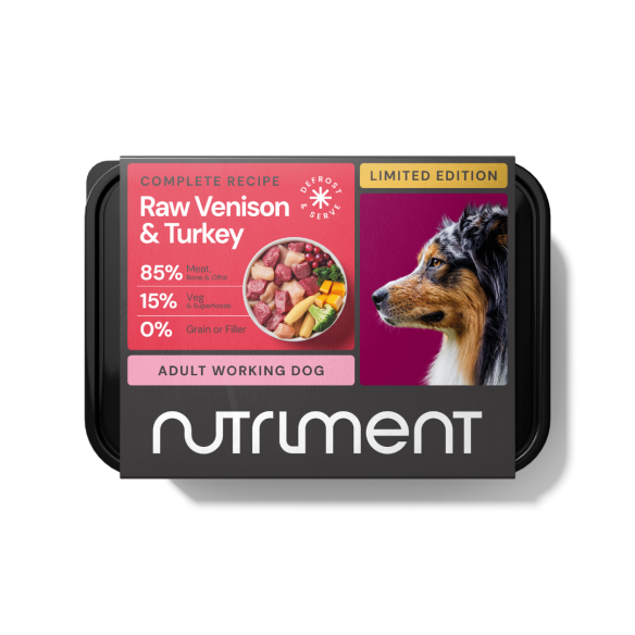 Packaging shows "Venison and Turkey 500g" with a dog image, perfect for adult working dogs.