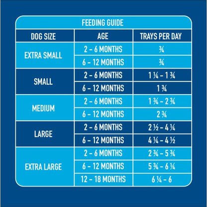 Guide for feeding dogs by size & age featuring Puppy Gently Steamed Turkey 395g for optimal nutrients.