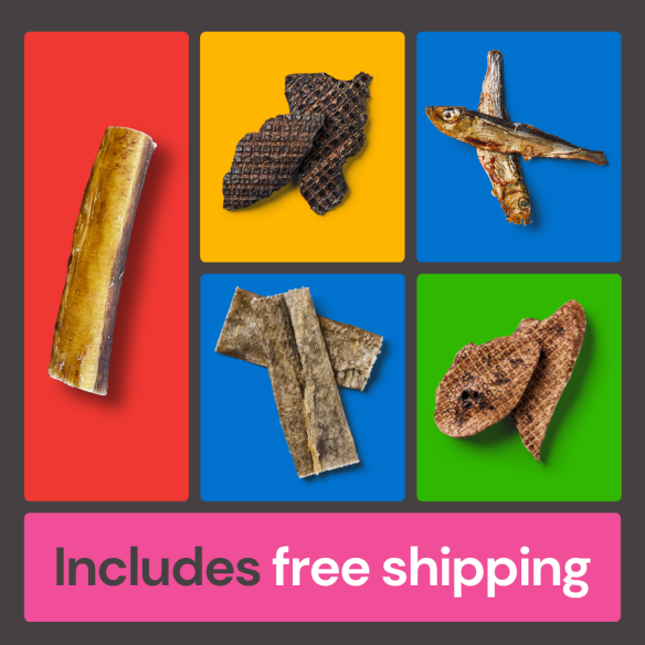 Five pet treats on colorful squares, fish & meat chews. Text: "Surf n Turf Treat Bundle Box. Includes free shipping.