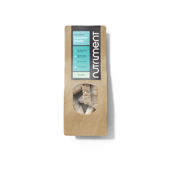 Organic Coconut Sticks 500g come in brown paper with a window, perfect for discerning dog owners.