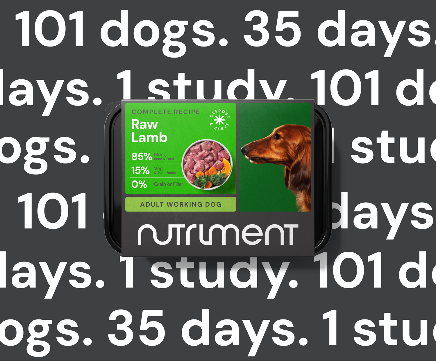 Dog food package with "Raw Lamb" and a dog image; background with "101 dogs. 35 days. 1 study." in bold text.